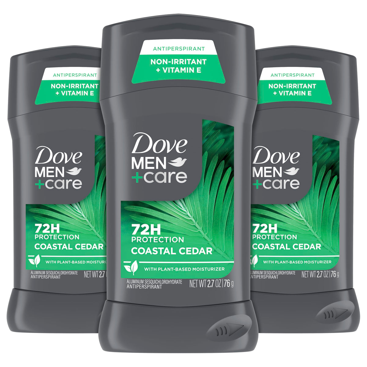 Dove Men+Care Coastal Cedar 3-pack front view showing all-day protection
