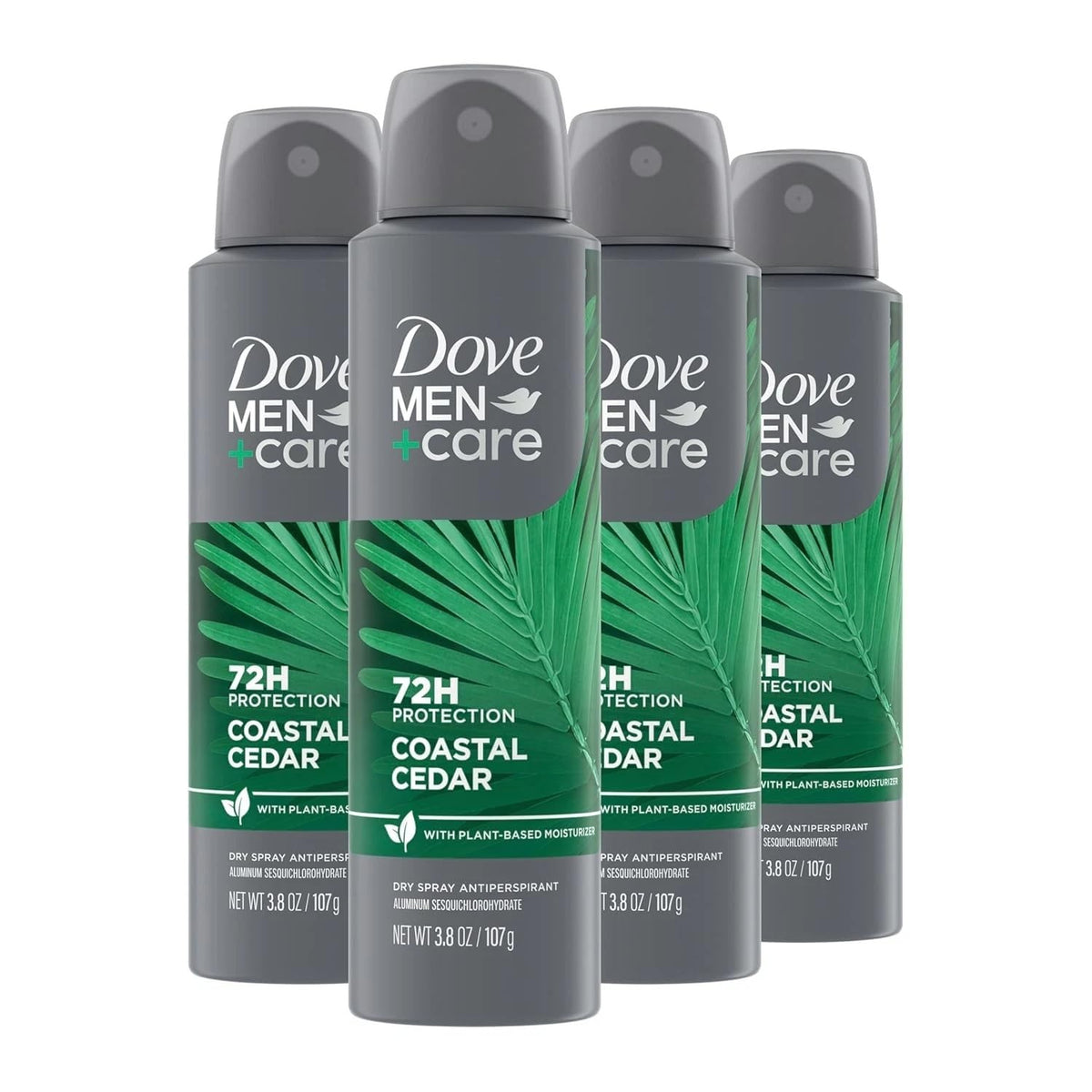 Dove Men+Care Coastal Cedar dry spray front, showing 72-hour protection and plant-based moisturizer.