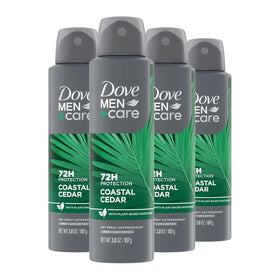 Dove Men+Care Coastal Cedar dry spray front, showing 72-hour protection and plant-based moisturizer.
