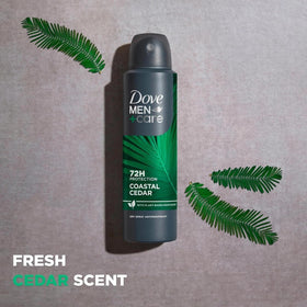 Dove Men+Care Coastal Cedar bottle label detail highlighting cruelty-free and skin-friendly formula.