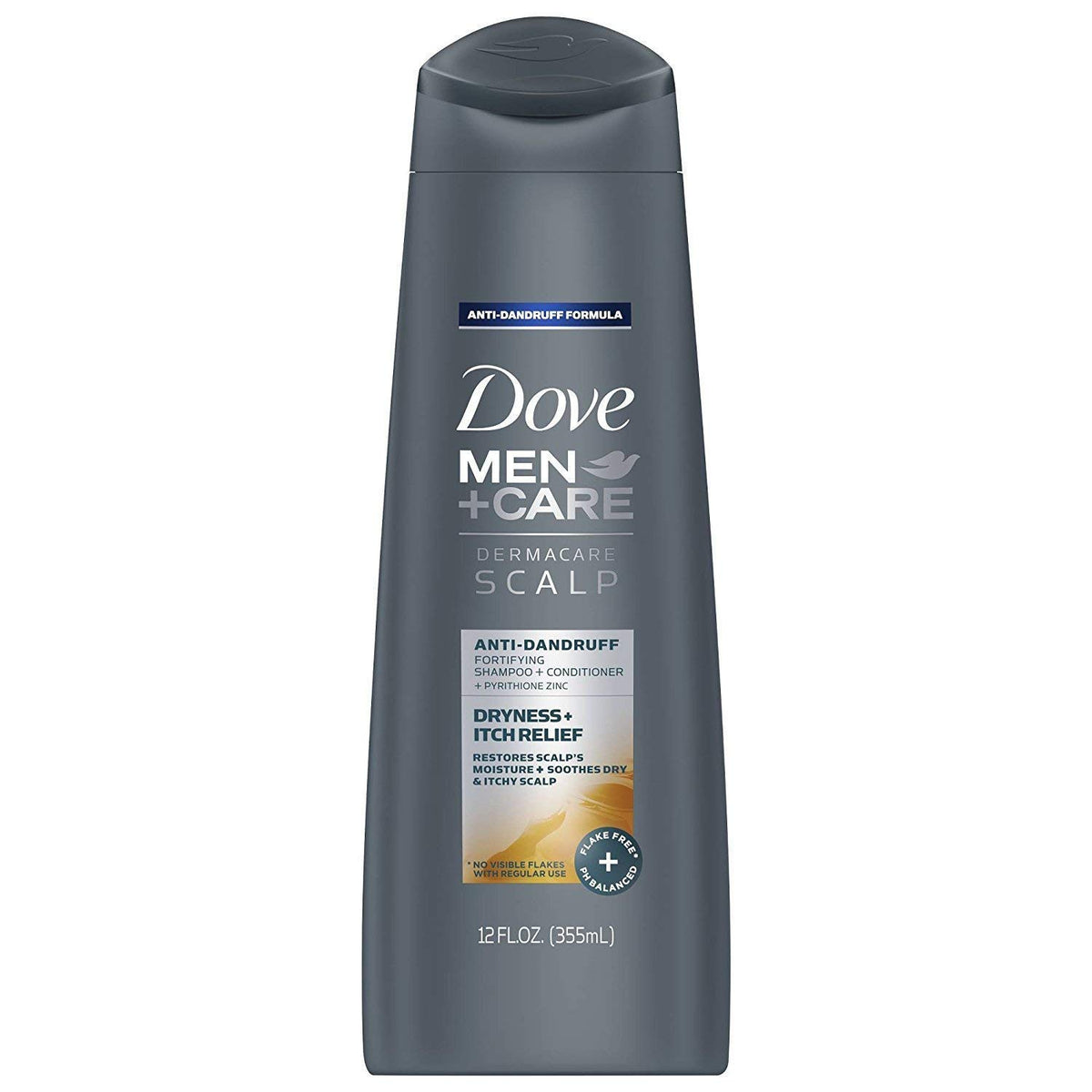 Dove Men+Care Dermacare Scalp 2in1 bottle side shows convenient shampoo-conditioner action