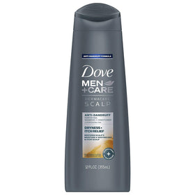 Dove Men+Care Dermacare Scalp 2in1 bottle side shows convenient shampoo-conditioner action