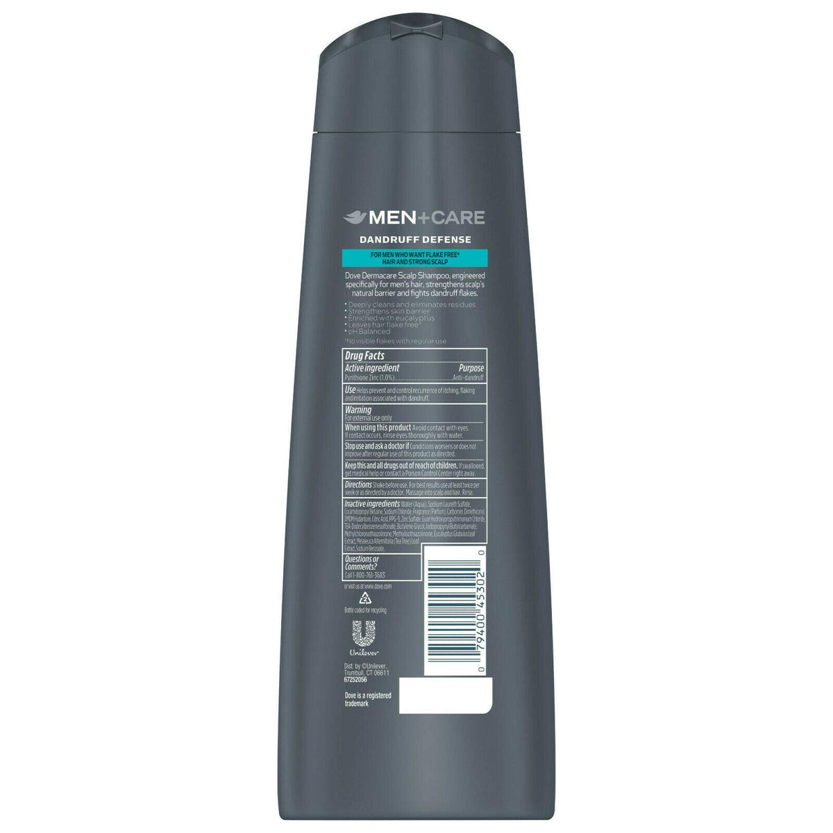 Dove Men+Care Dermacare label close-up highlighting zinc-based dandruff defense.