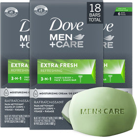 Dove Men+Care Extra Fresh 3-pack front view showing bold packaging and brand trust.