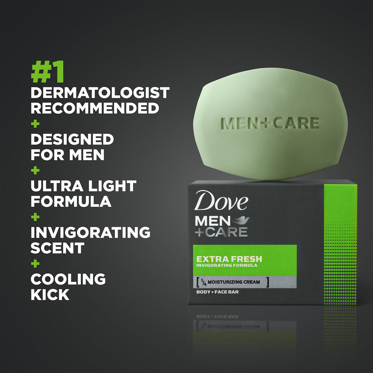 Dermatologist-approved Dove Men+Care Extra Fresh bar branding cue.