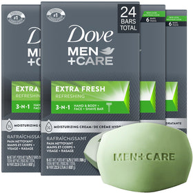 Dove Men+Care Extra Fresh bar pack front, travel-friendly and easy to store.