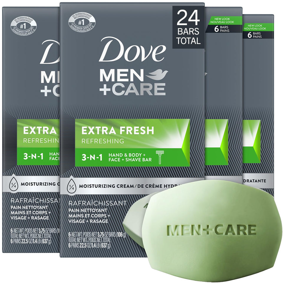 Dove Men+Care Extra Fresh bar pack front, travel-friendly and easy to store.