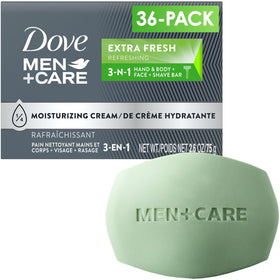Dove Men+Care Extra Fresh bar pack showcases a hydrating, versatile cleanser for body, face, and hands.