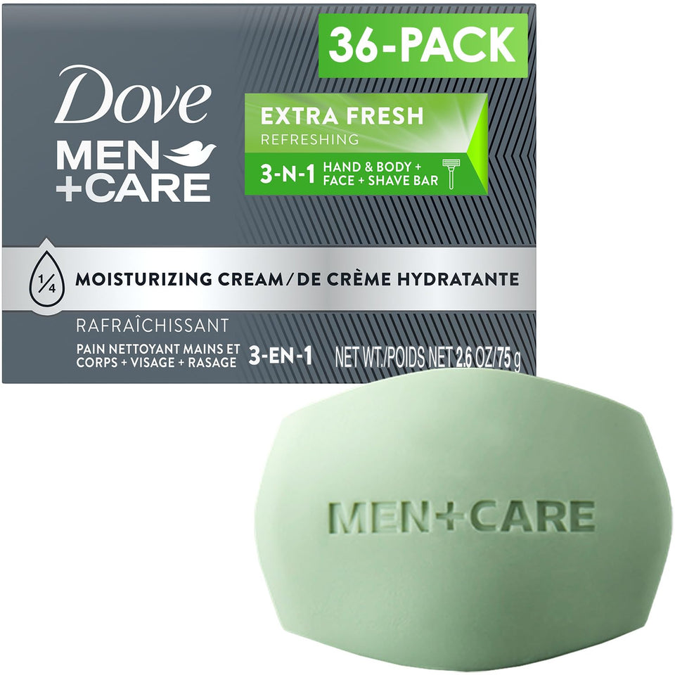 Dove Men+Care Extra Fresh bar pack showcases a hydrating, versatile cleanser for body, face, and hands.