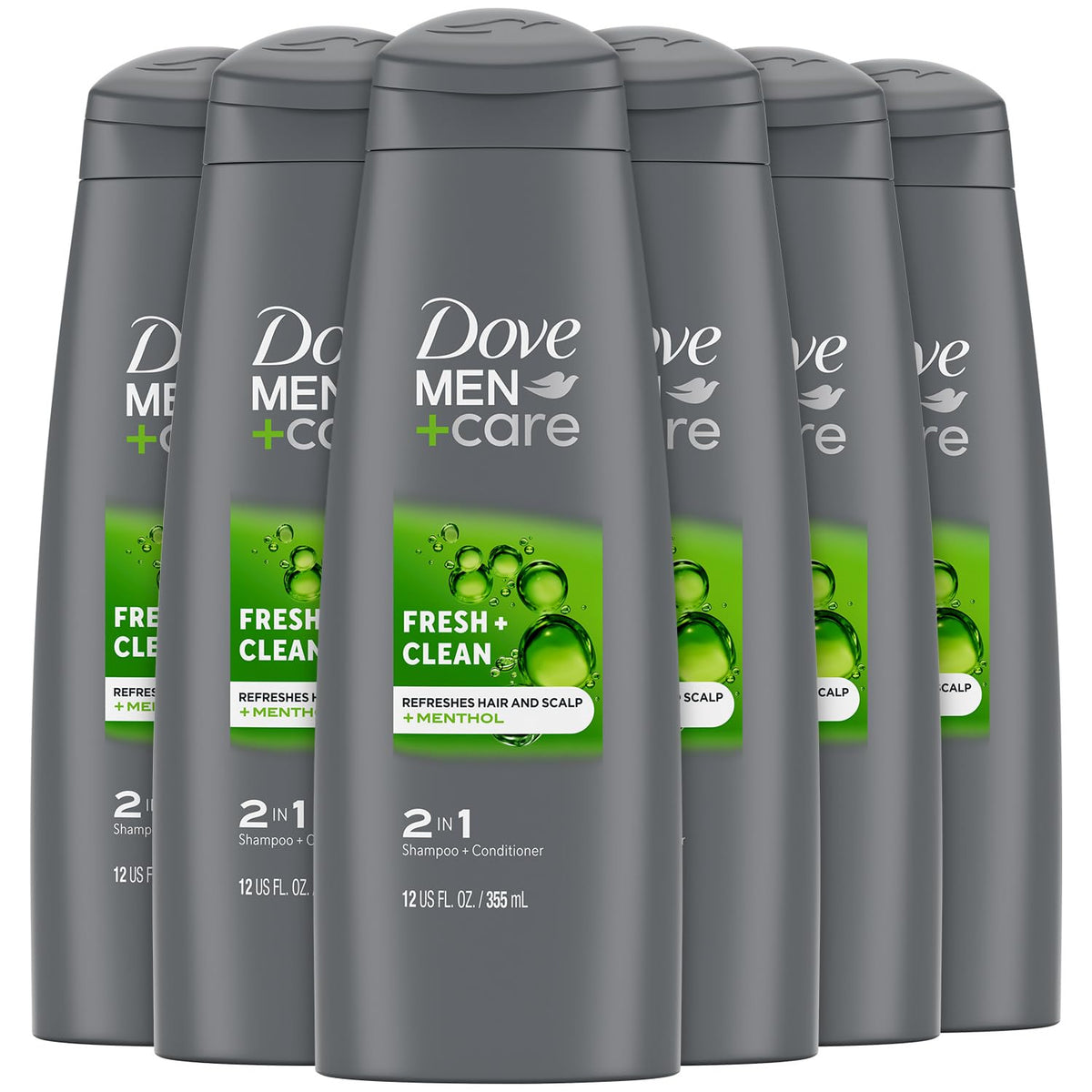 Dove Men+Care Fortifying 2-in-1 shampoo bottle with refreshing cleanse for active days