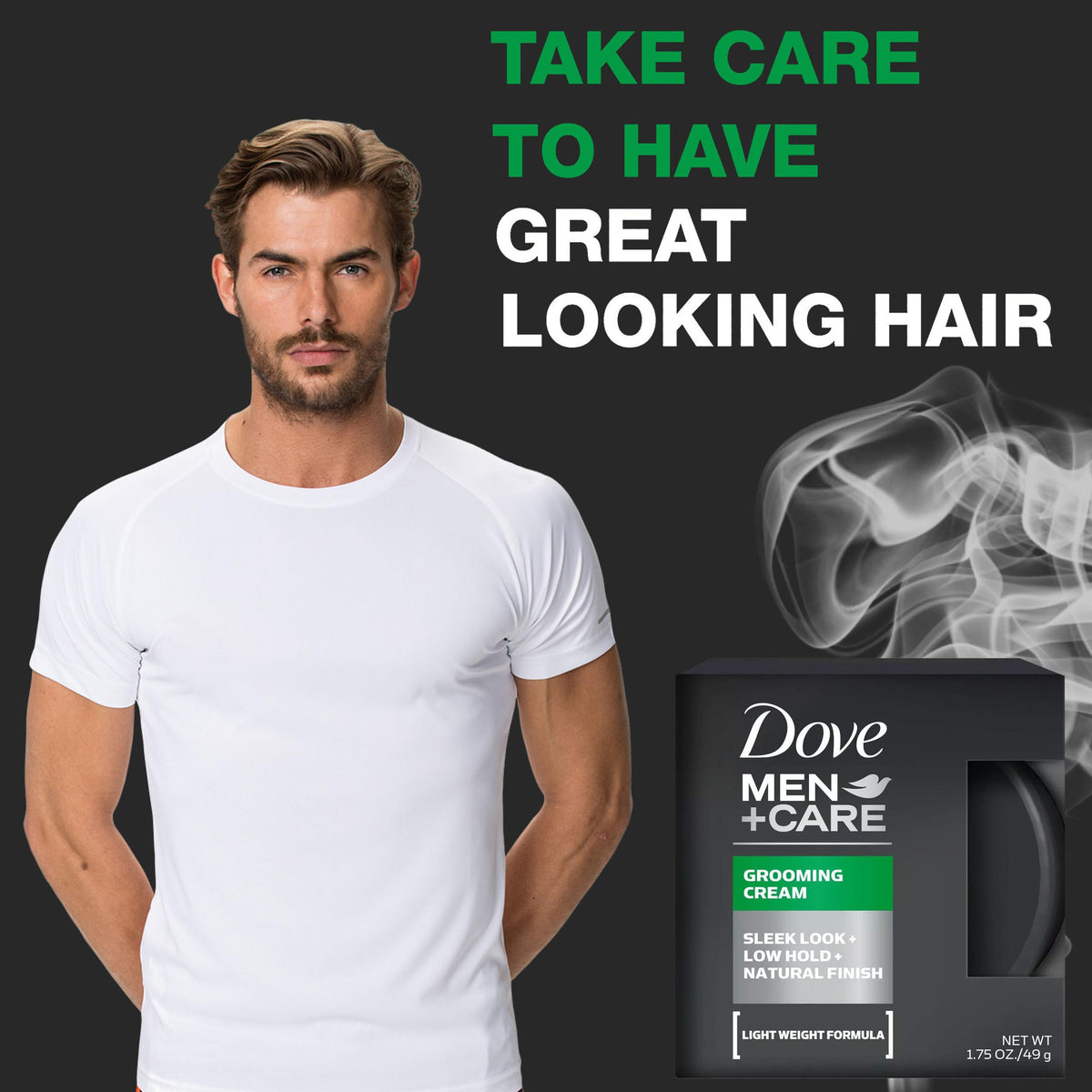 Dove Men+Care Grooming Cream close-up shows smooth, non-greasy finish.