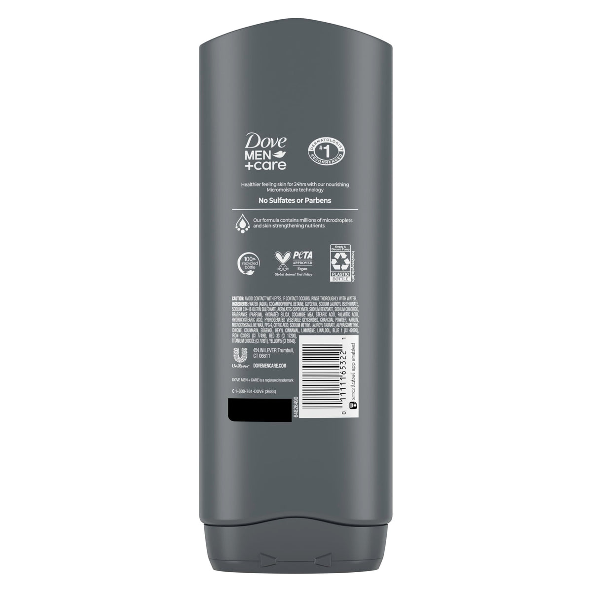 Dove Men+Care Purifying Charcoal Clay bottle pour reveals rich lather.