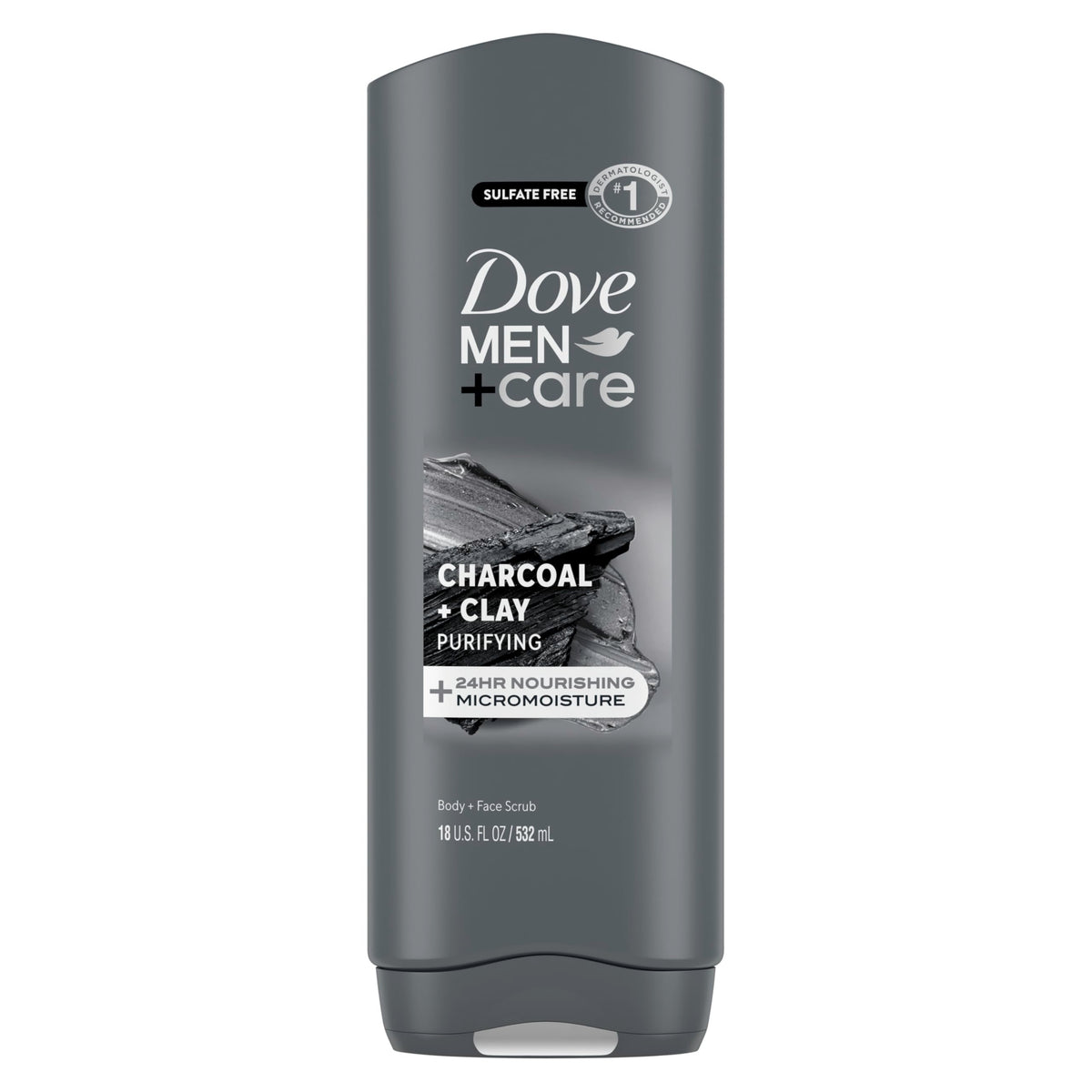 Dove Men+Care Purifying Charcoal Clay bottle demonstrates deep cleansing for refreshed skin.