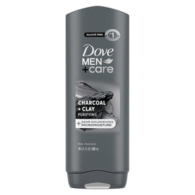 Dove Men+Care Purifying Charcoal Clay bottle demonstrates deep cleansing for refreshed skin.