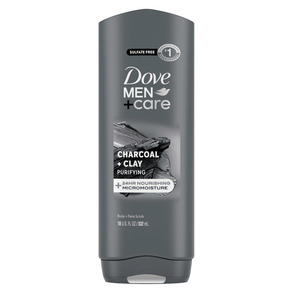 Dove Men+Care Purifying Charcoal Clay bottle demonstrates deep cleansing for refreshed skin.