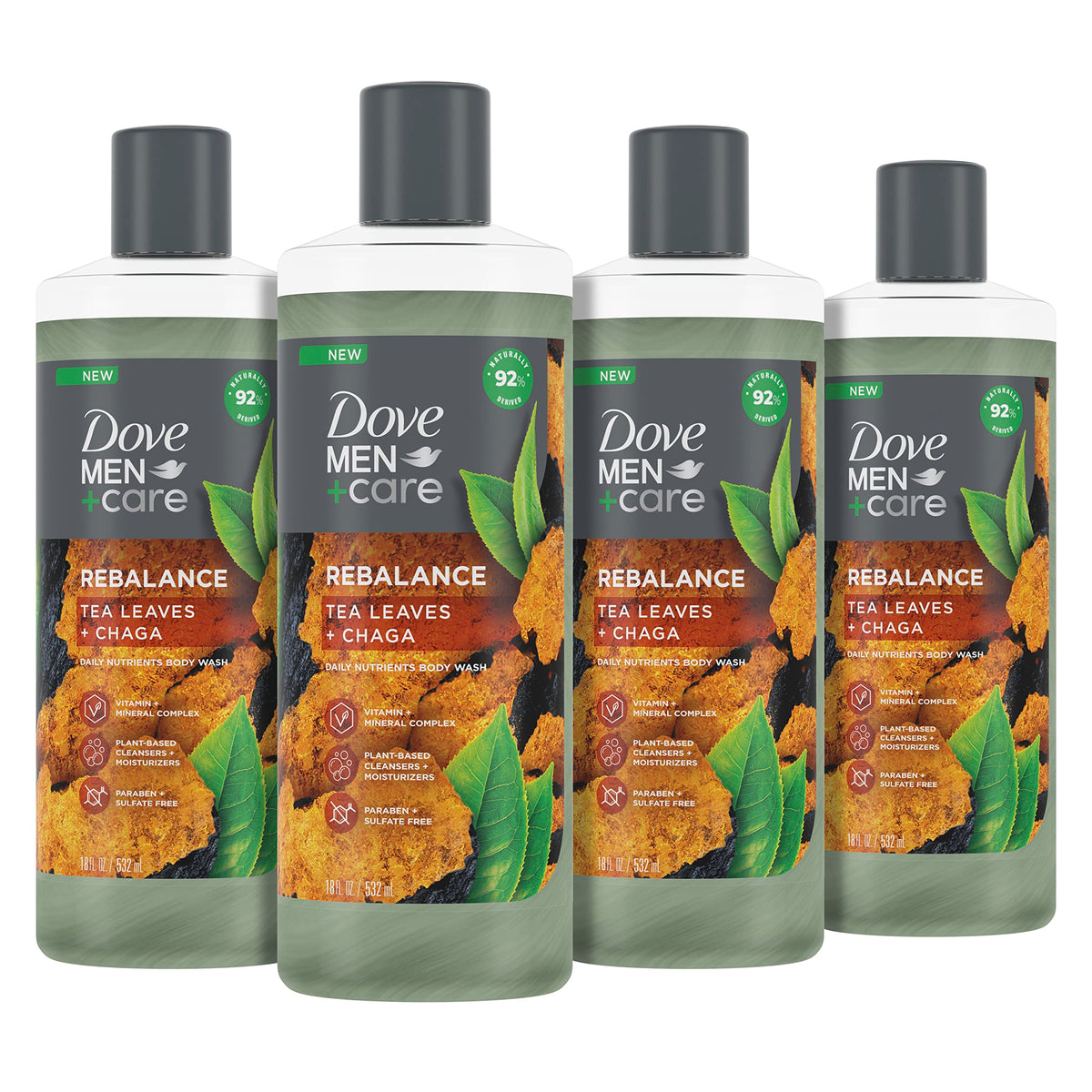 Dove Men+Care Rebalance bottle with tea leaves for balanced hydration.
