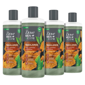 Dove Men+Care Rebalance bottle with tea leaves for balanced hydration.