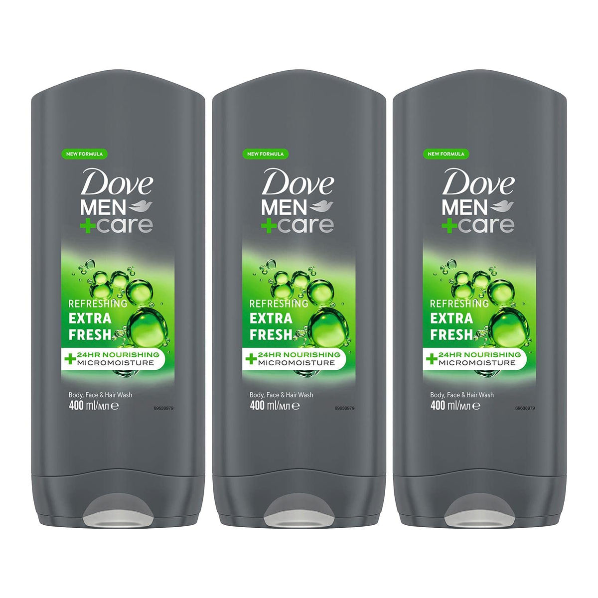 Dove Men+Care Refreshing 3in1 bottle close-up highlights 400 ml size for daily cleansing.