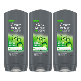 Dove Men+Care Refreshing 3in1 bottle close-up highlights 400 ml size for daily cleansing.