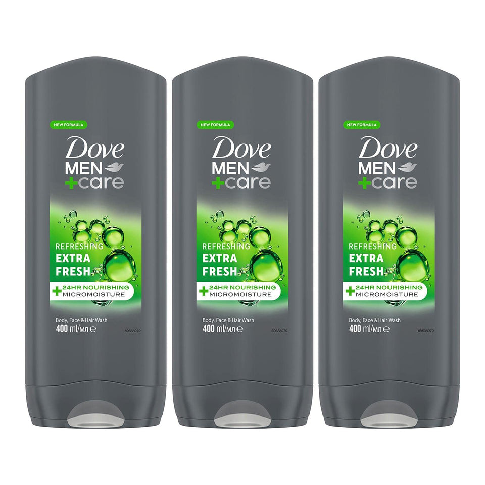 Dove Men+Care Refreshing 3in1 bottle close-up highlights 400 ml size for daily cleansing.
