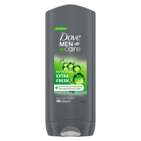 Dove Men+Care Refreshing 3in1 bottle lather preview shows easy, quick shower routine.