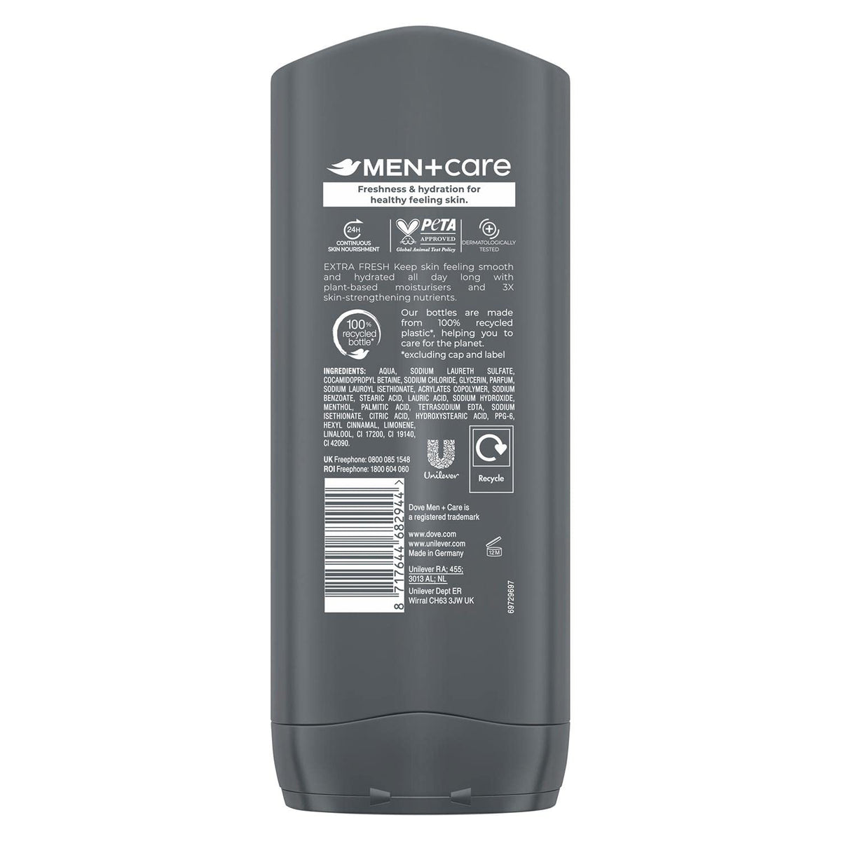 Dove Men+Care Refreshing 3in1 pack shot with three 400 ml bottles for family use.