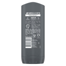 Dove Men+Care Refreshing 3in1 pack shot with three 400 ml bottles for family use.