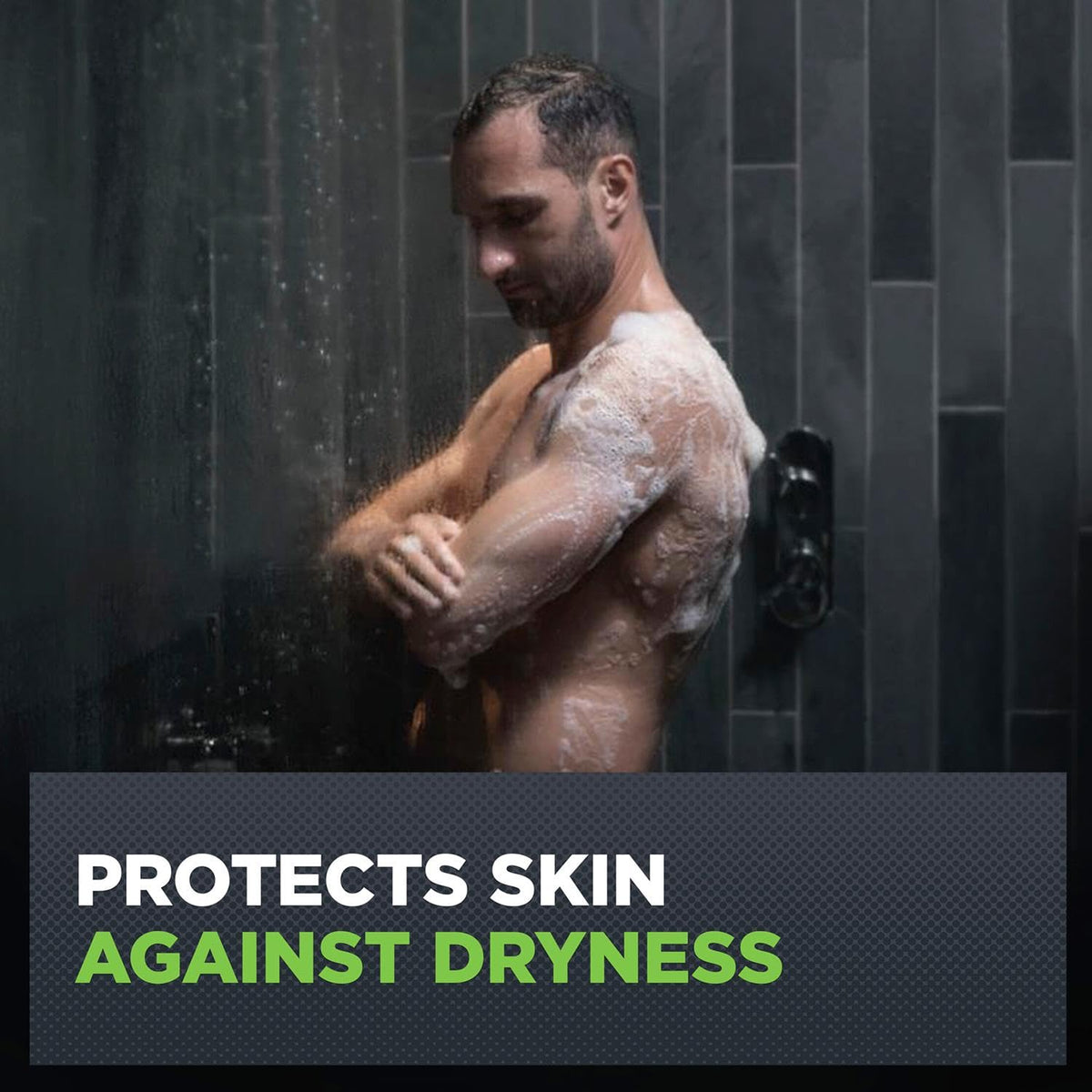 Dove Men+Care Refreshing side view shows ergonomic bottle for comfortable grip.