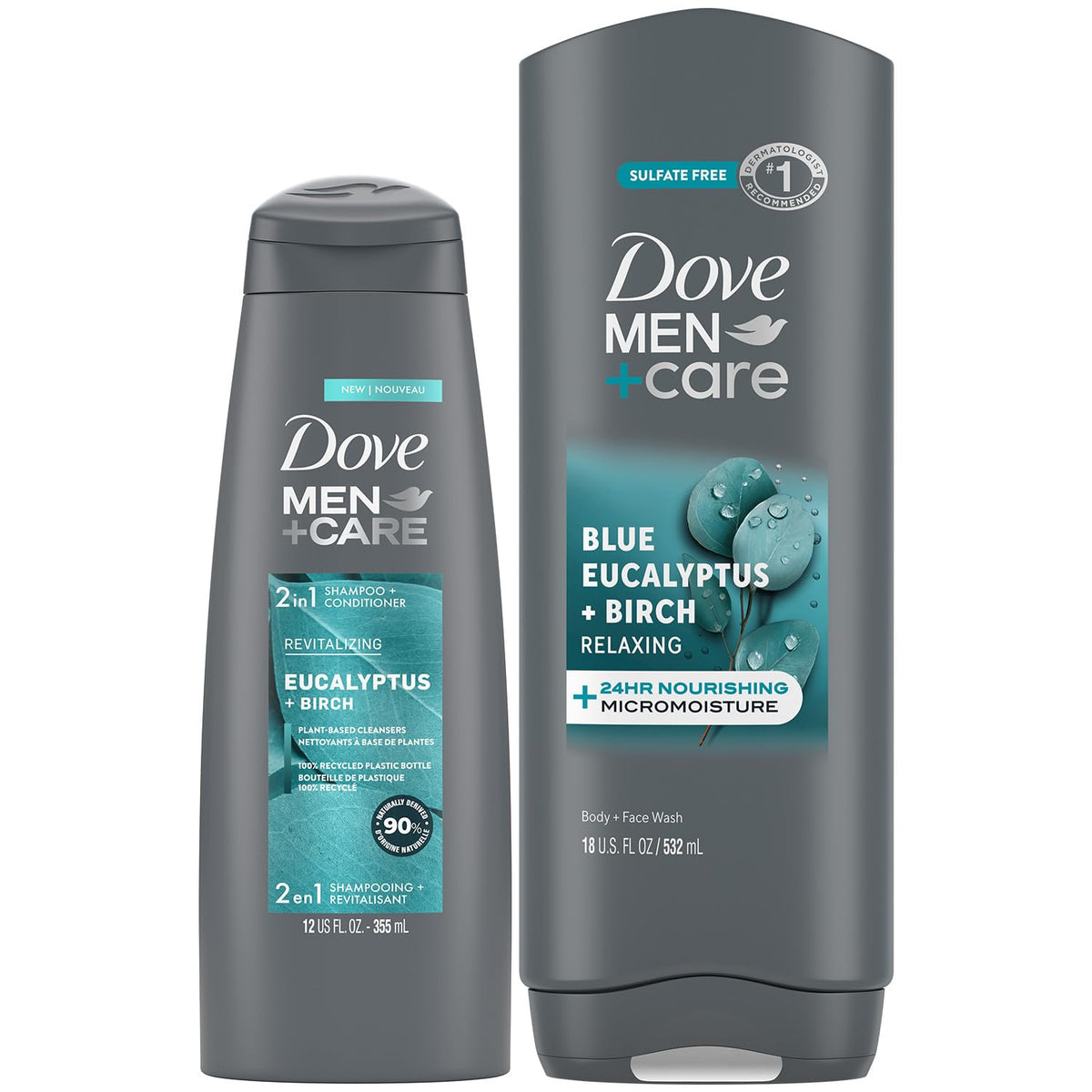 Dove Men+Care relaxing bottle with blue eucalyptus birch scent for refreshed skin