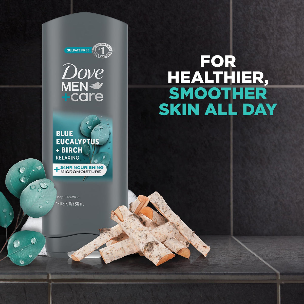Shower scene featuring the Dove Men+Care kit in blue tones for quick refresh