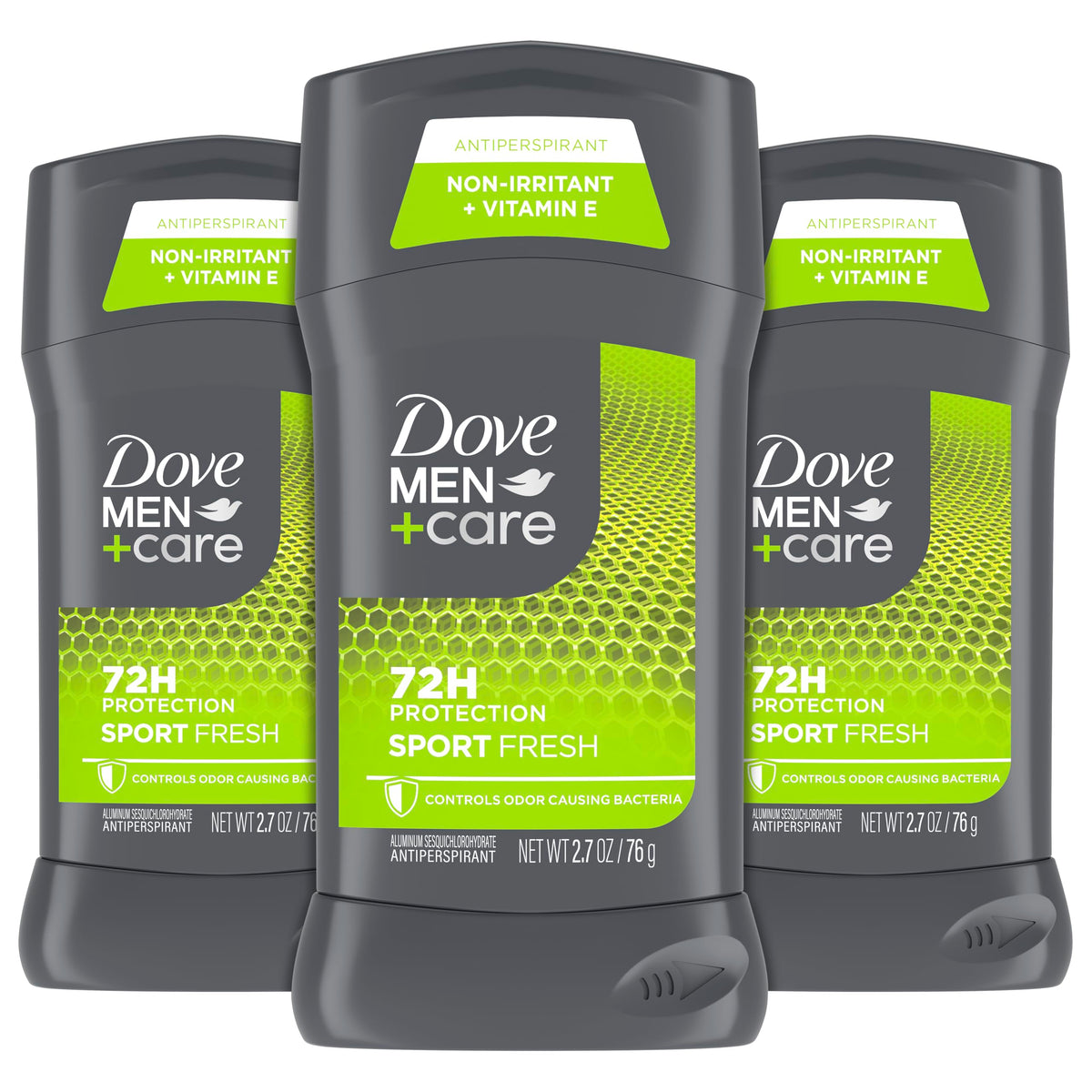 DOVE MEN+CARE Sport Fresh deodorant stick close-up showing the 2.7 oz unit for long-lasting protection.