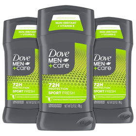 DOVE MEN+CARE Sport Fresh deodorant stick close-up showing the 2.7 oz unit for long-lasting protection.