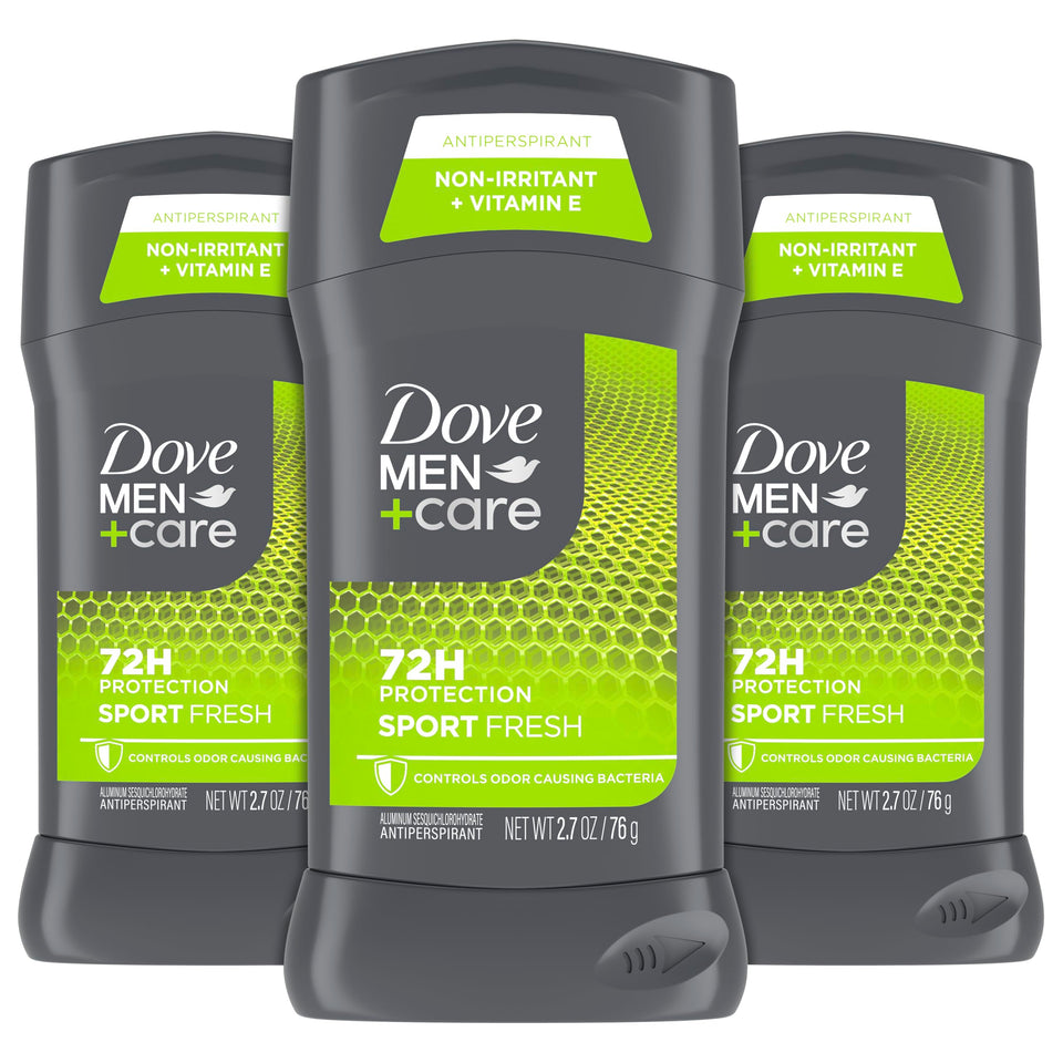 DOVE MEN+CARE Sport Fresh deodorant stick close-up showing the 2.7 oz unit for long-lasting protection.