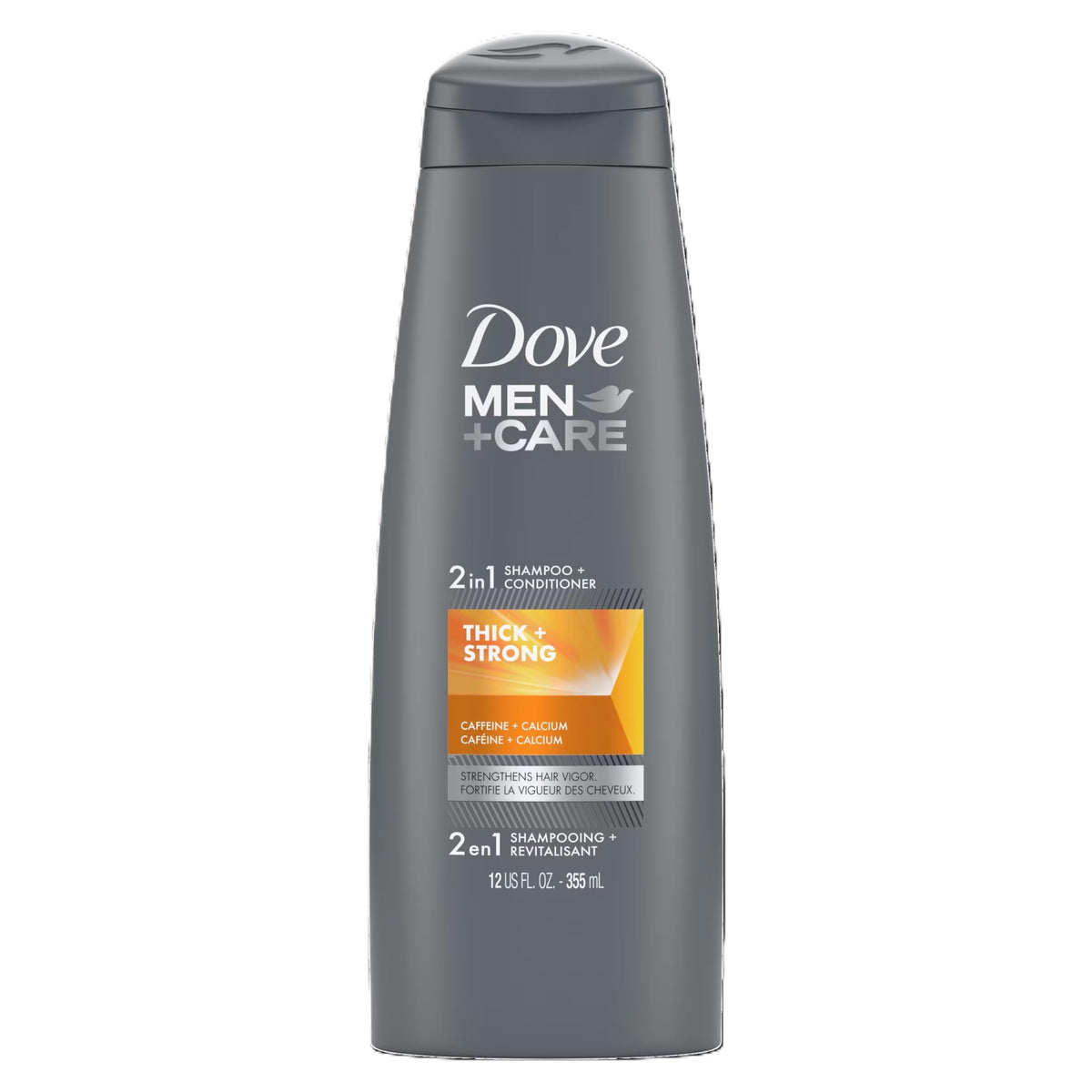 Dove Men+Care Thick & Strong 2in1 bottle front shows sturdy packaging for thicker hair.