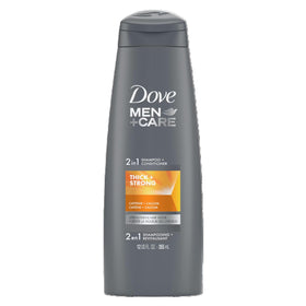 Dove Men+Care Thick & Strong 2in1 bottle front shows sturdy packaging for thicker hair.