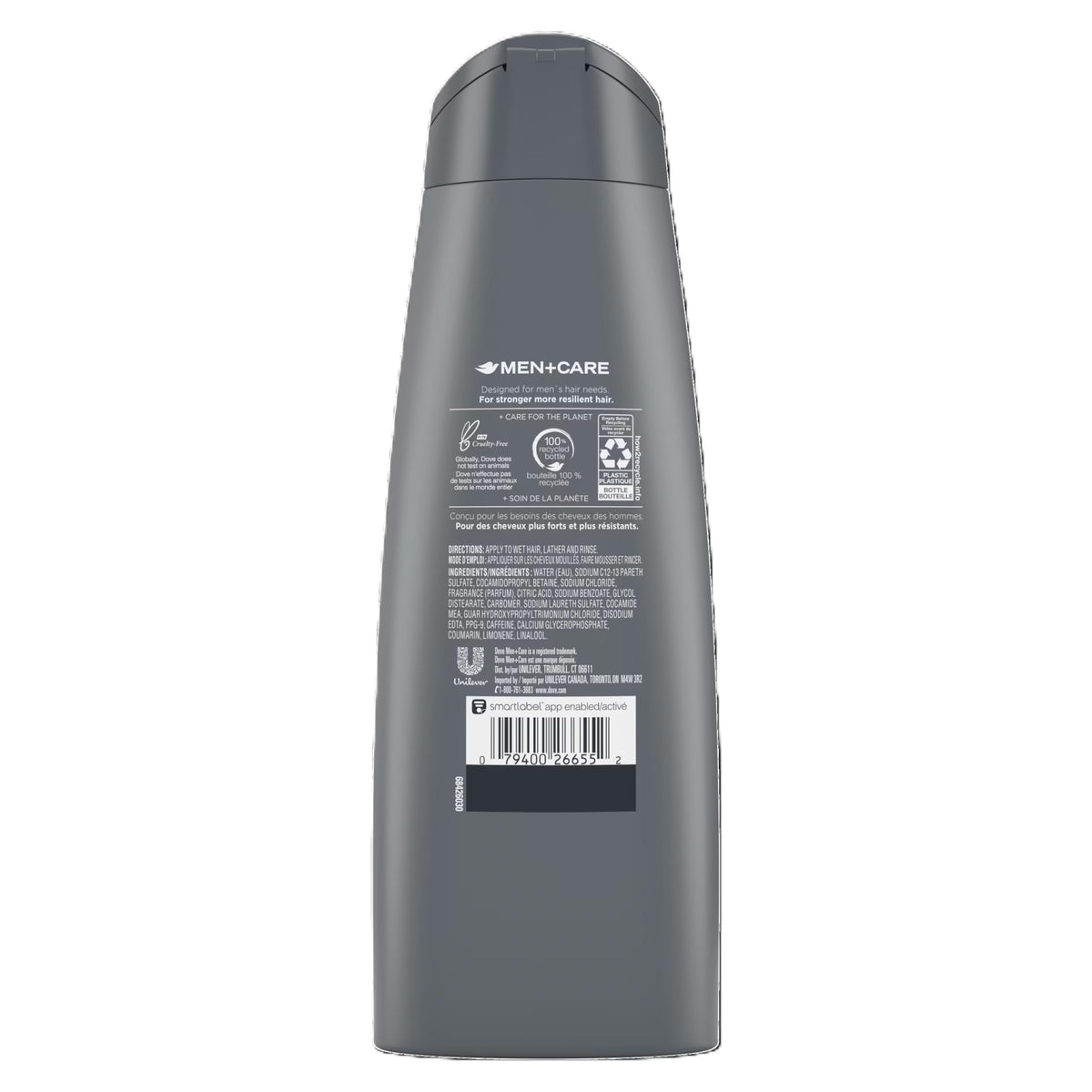 Dove Men+Care label detail highlights caffeine and calcium for stronger hair.
