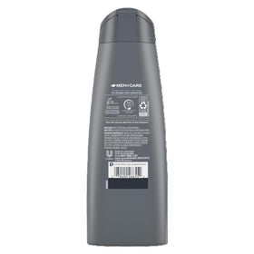 Dove Men+Care label detail highlights caffeine and calcium for stronger hair.