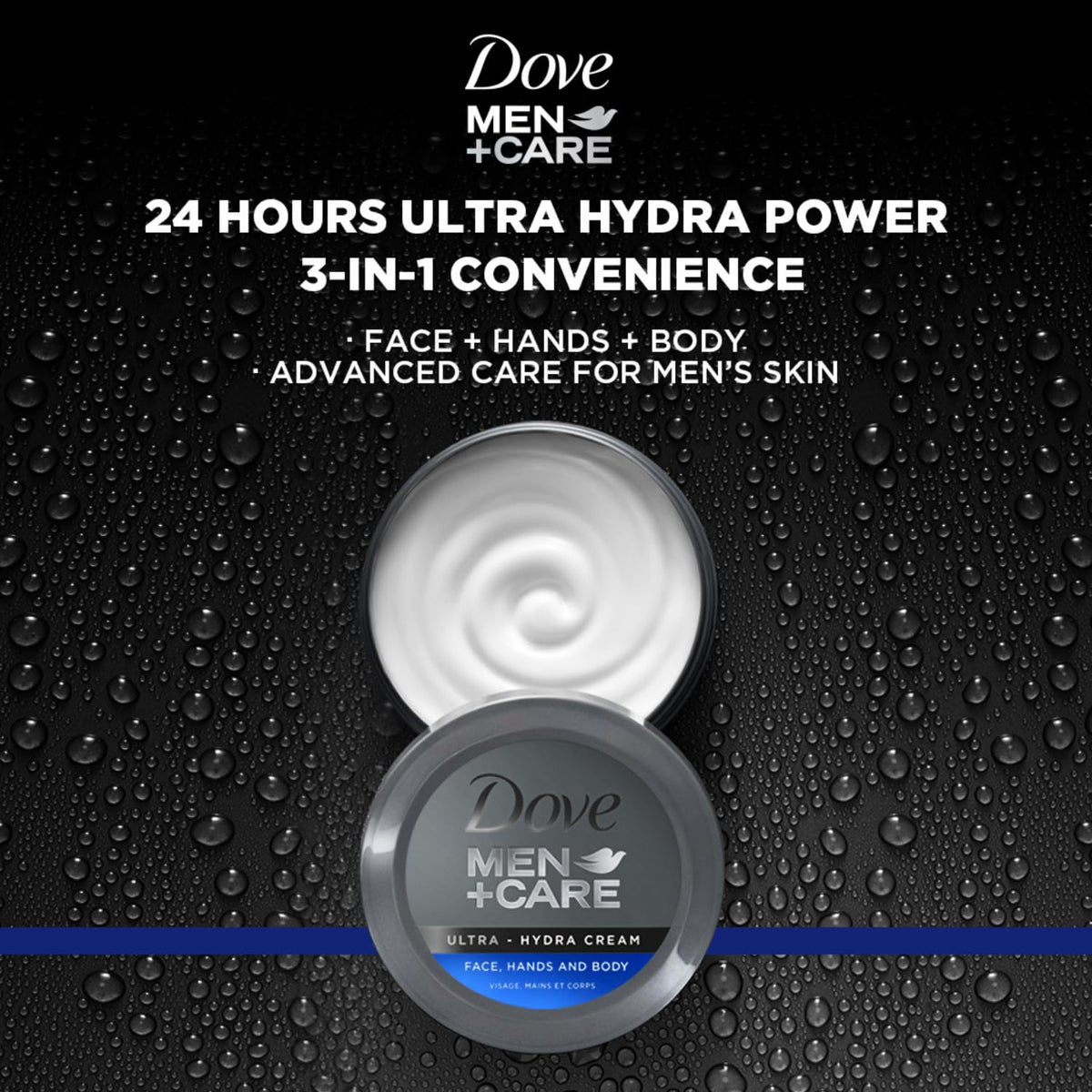 Dove Men+Care Ultra Hydra Cream non-greasy finish on skin.