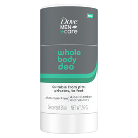 Dove Men+Care Whole Body Deo packaging shown for all-day odor protection.
