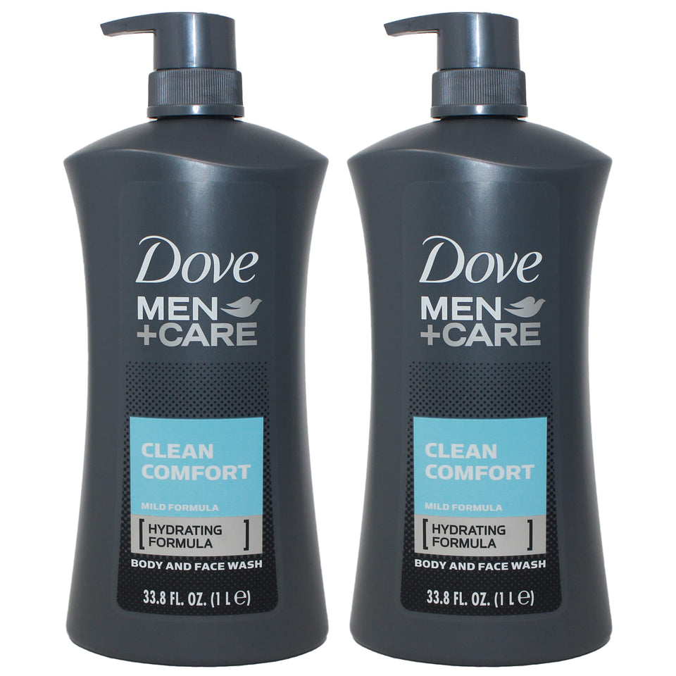 Dove Men Clean Comfort bottle pour—hydrating cleanse for refreshed skin.