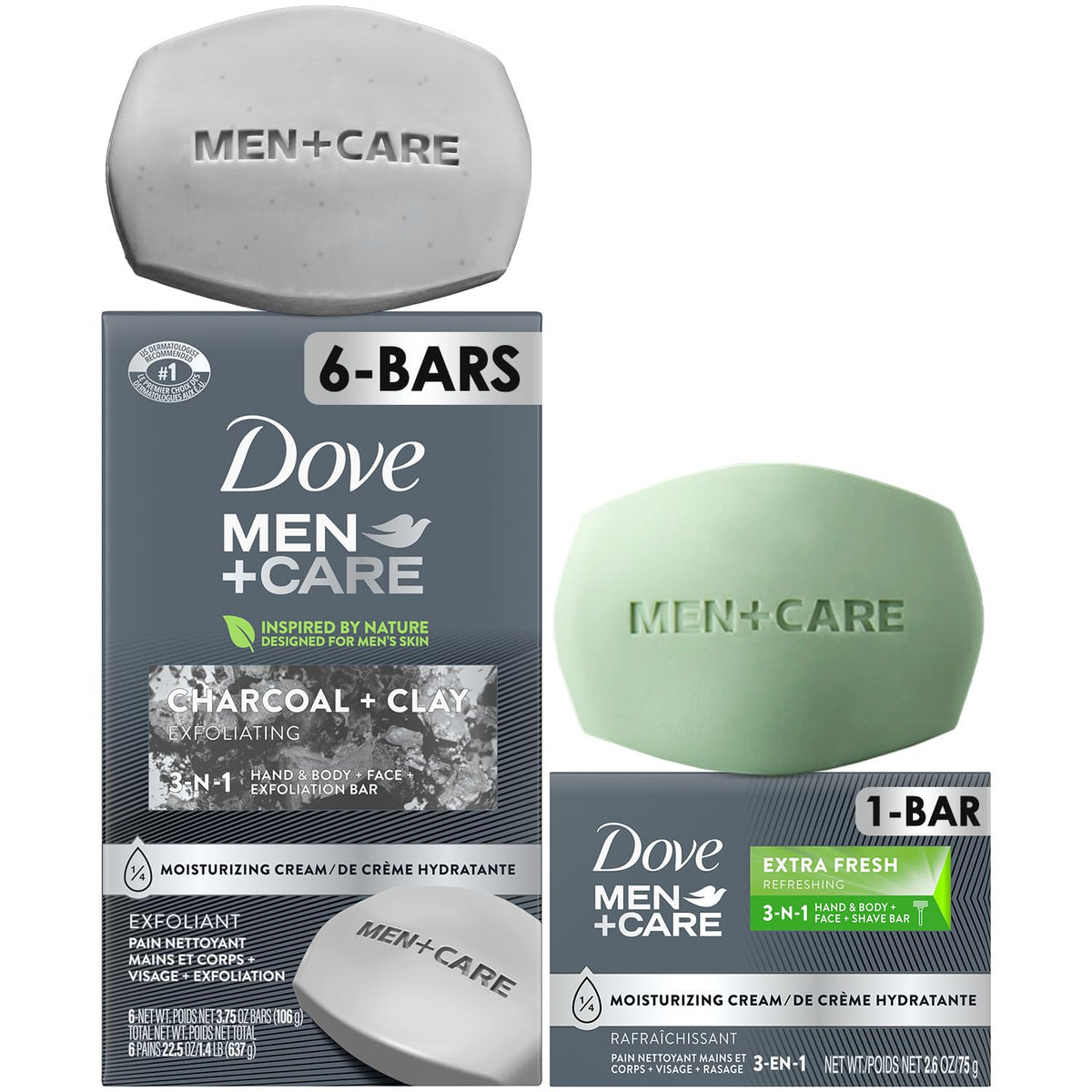 Dove Men+Care Charcoal + Clay bar front view for refreshing cleansing