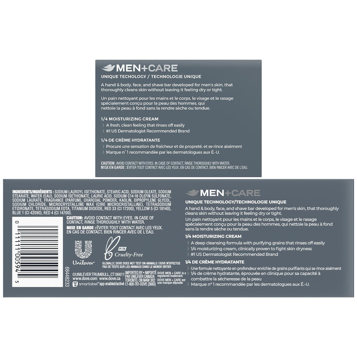 Dove Men+Care Charcoal + Clay bar packaging back reveals ingredients and size