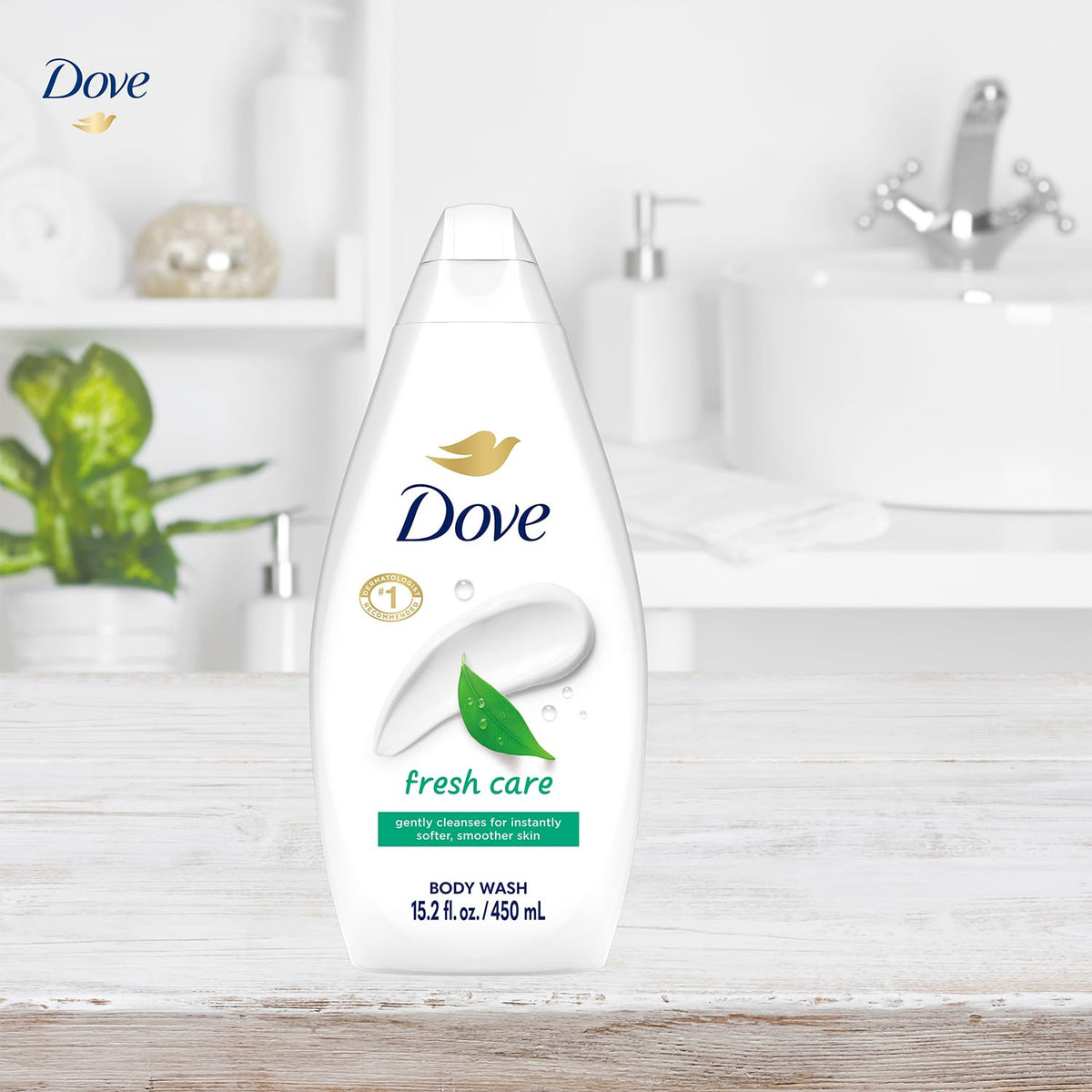 Close-up of Dove Fresh Care moisturizing wash delivering skin nourishment.