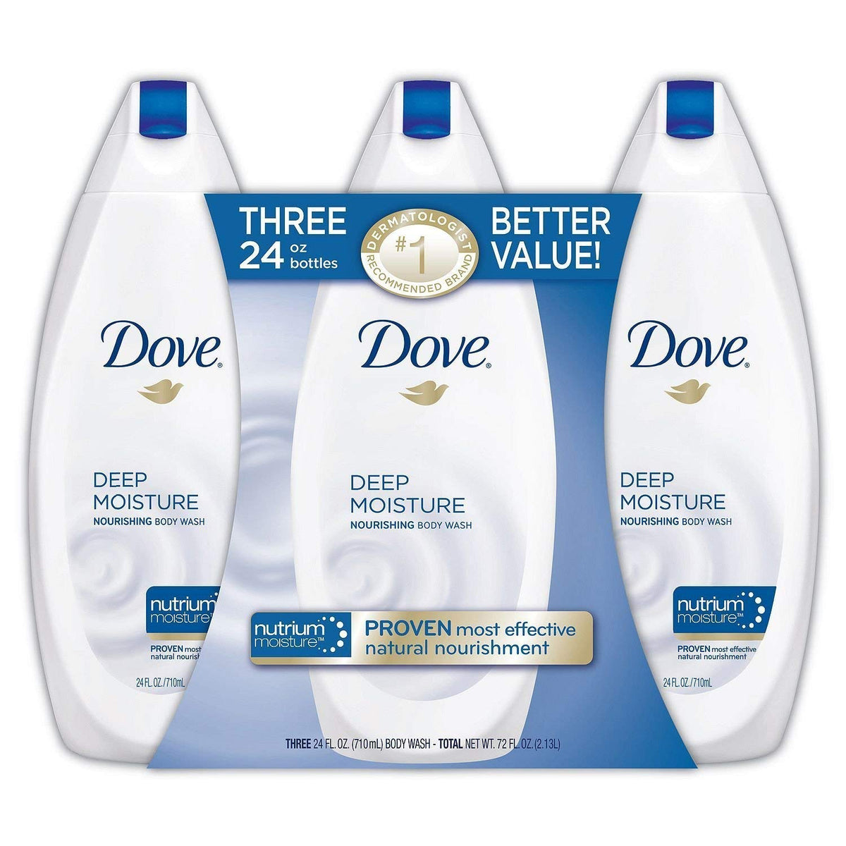 Dove Nourishing Body Wash Deep Moisture bottle in a 3-pack for soft skin