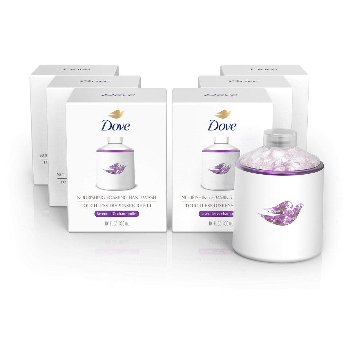 Dove Nourishing Foaming Hand Wash refill 6-pack with lavender chamomile for lasting moisture.