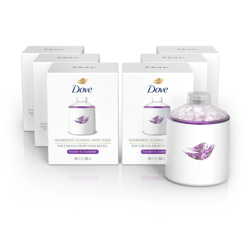 Dove Nourishing Foaming Hand Wash refill 6-pack with lavender chamomile for lasting moisture.