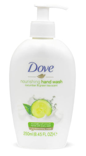 Dove Nourishing hand wash bottle on sink with easy pump