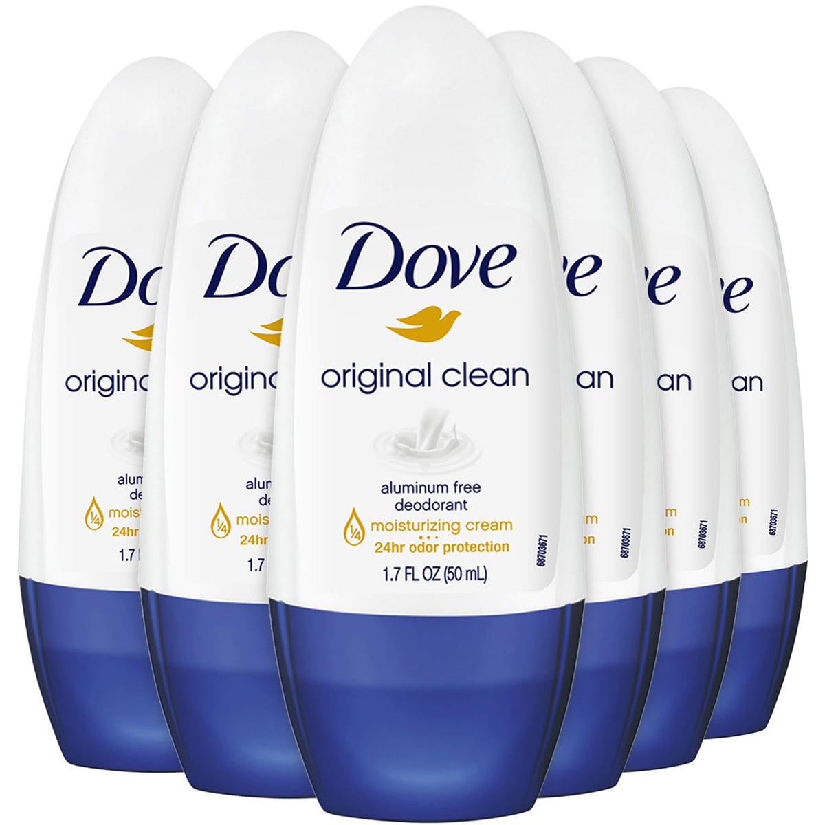 Dove Original Clean roll-on six-pack packaging with odor protection shown.
