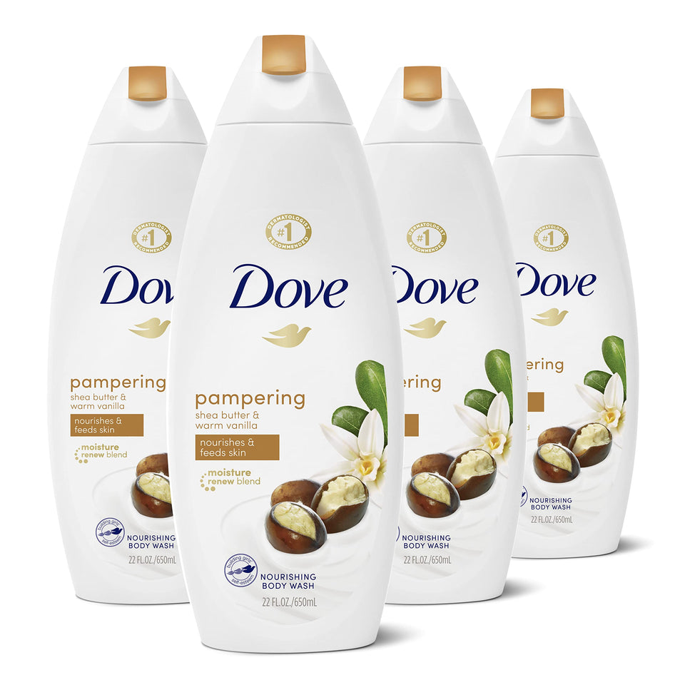 Dove Purely Pampering bottle with shea butter and warm vanilla for dry skin care.