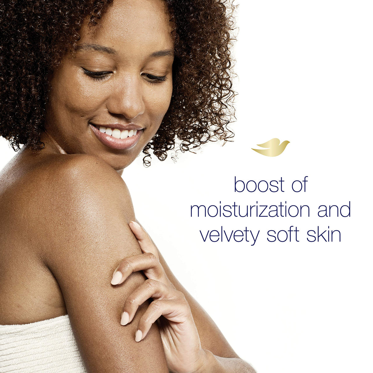 Close-up of Dove bottle and creamy wash texture.